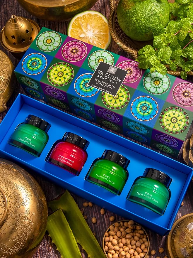 SPA CEYLON Wellness Balm Set – 4-Piece Natural Ayurveda Aromatherapy Balm Collection – Sleep Intense, Happy, Foot Relief & Peace Balms with Essential Oils & Virgin Coconut – 4 x 25g