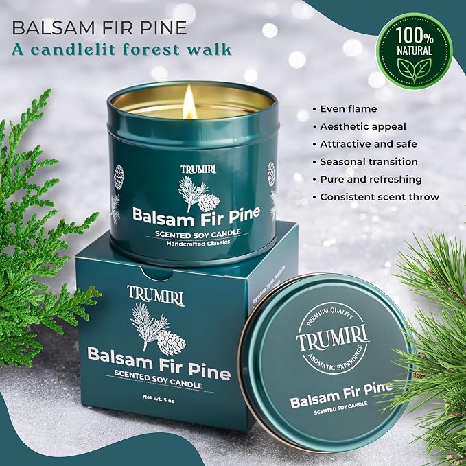 Balsam Fir Pine - Soy Candles for Home Scented - 5oz Natural Clean Non Toxic - for Fall Winter Christmas Holidays - Long Lasting Highly Scented Pet Safe Luxury Tin - Velas Aromáticas para el Hogar