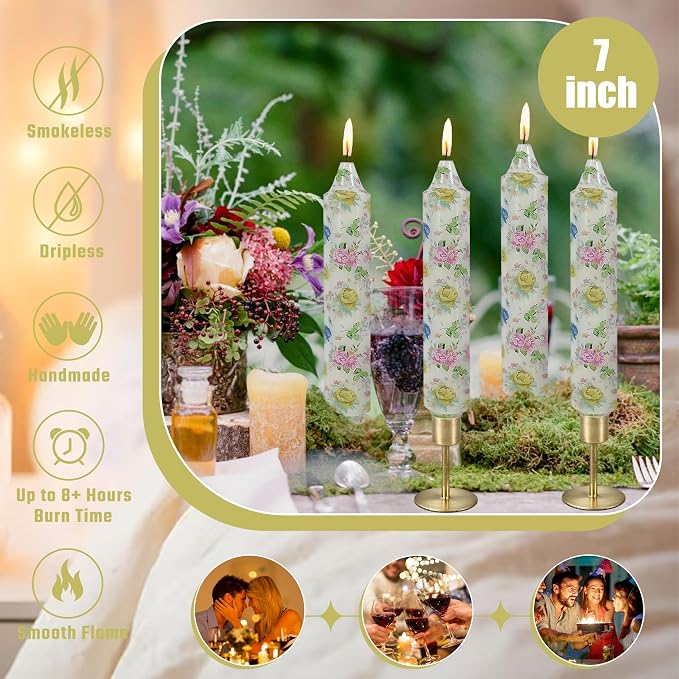 7 inch Short Candle Floral Candle Sticks Printed Candlestick Handmade Unscented Taper Candle 4 pcs Blue Flower Tapered Candles for Home Dinner Wedding Holiday