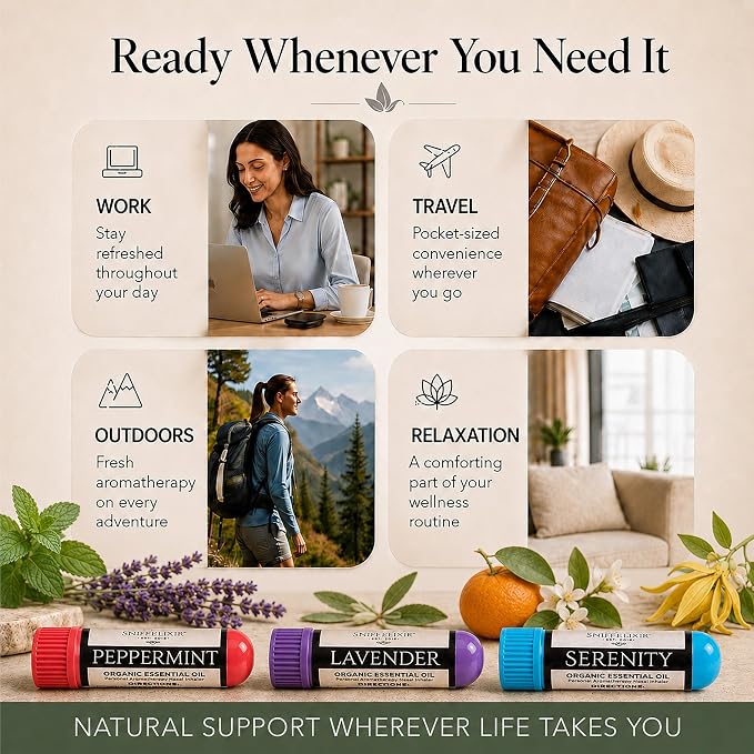 Stress Relief, Migraine & Sleep Aid Essential Oil Aromatherapy Nasal Stick Inhaler - Self Care Gifts 3-Pack, Peppermint Lavender Citrus, Made with Organic Essential Oils