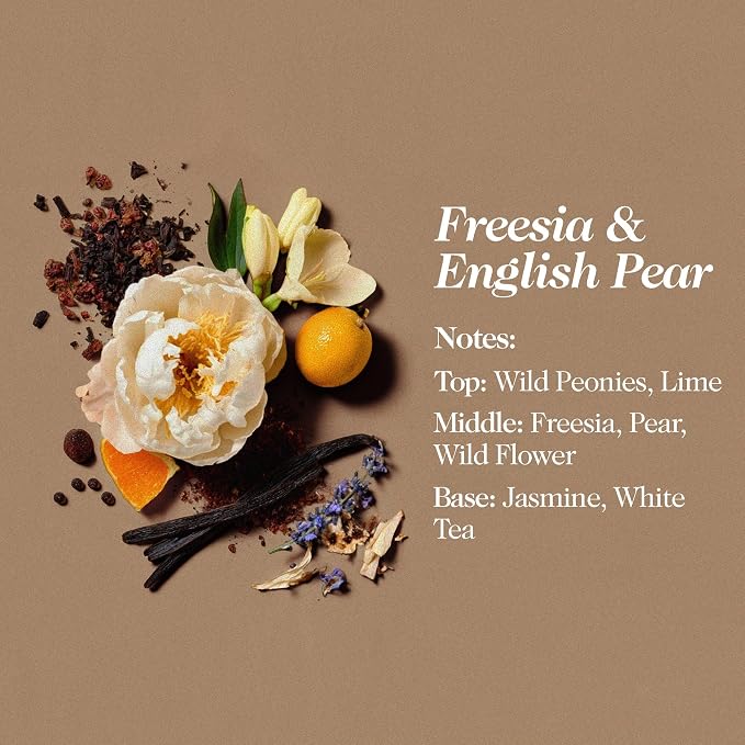 Hand Poured Non Toxic Candles - Freesia & English Pear Fall Candles with Premium Natural Wax - Aromatherapy Scented Candles with Wild Peonies, Sweet Amber & Vanilla Notes - 8.5 Oz, 45 Hrs Burn Time