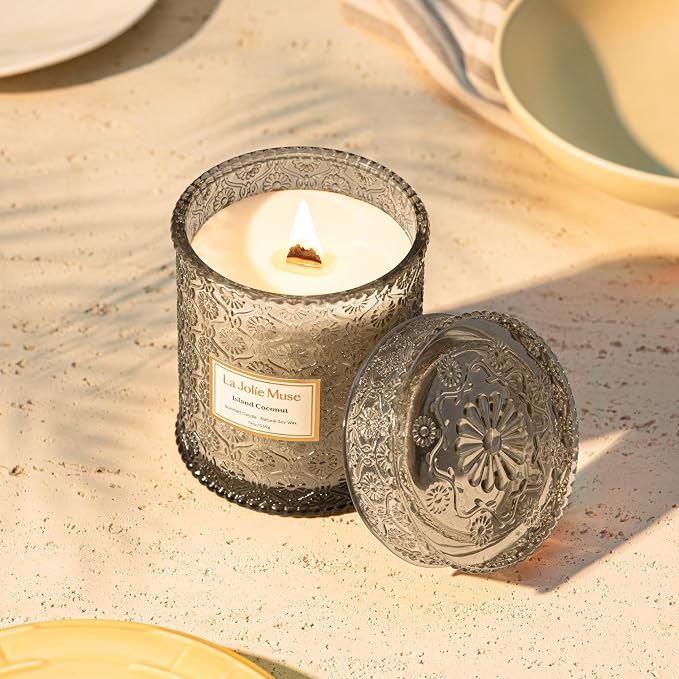 LA JOLIE MUSE Island Coconut Vanilla Scented Candles for Home,19 oz Soy Wax | Large Jar Luxury Candles, Clean Non Toxic, Gift for Women & Men, Decorative Gourmand Summer Candle, Tropical Candle,Wood Wick