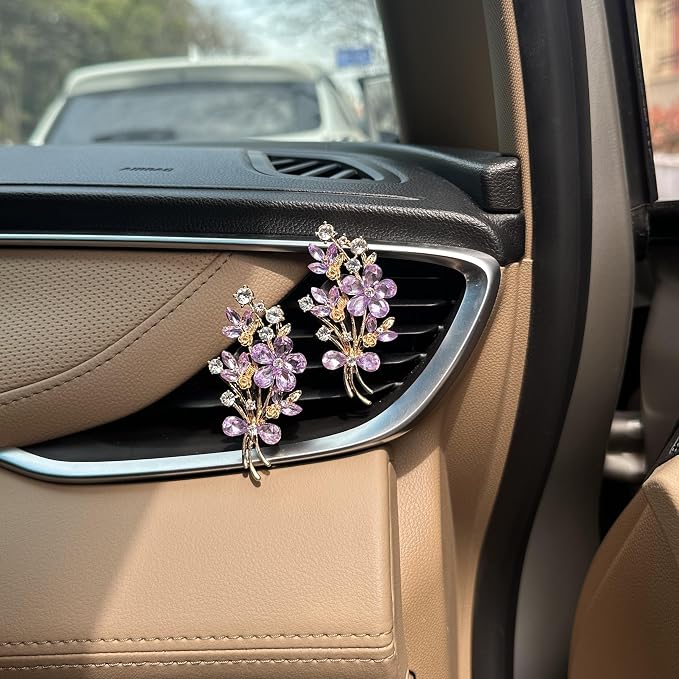 ORIESSE 2pcs Flower Car Vent Clips Car Air Freshener Bouquets Flower Purple Car Accessories for Women Rhinestone Flower Air Vent Clips Car Decor,Sparkling Refillable Car Diffuser