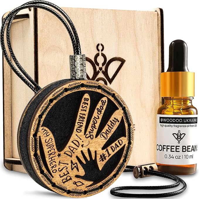 Handmade Wood Car Air Freshener — Father’s Hands Designed Refillable Essential Oil Diffuser — Long Lasting Coffee Beans Fragrance Oil 10 ml — Car Accessories Gift Box