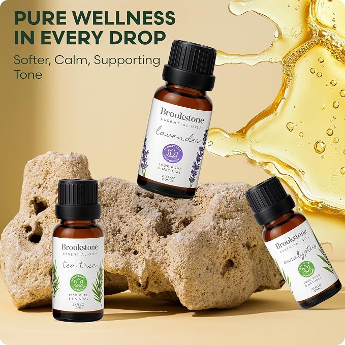 Brookstone Essential Oil Herbal Collection – 100% Pure Steam Distilled Therapeutic Grade Essential Oil Set for Aromatherapy Diffuser & Topical Use, Eucalyptus, Lavender, Tea Tree | 3-Pack 10ml Bottles