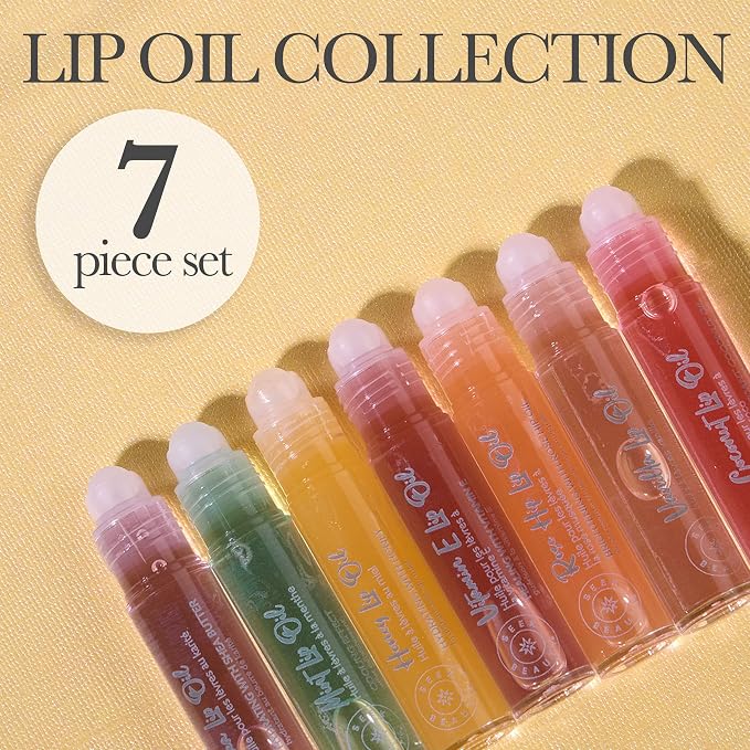 EXPRESSIONS 7pc Natural High Shine Tinted Lip Oil Set – Hydrating Roll-On Rollerball Lip Oils Infused with Essential Oils | Vitamin Enriched Lip Glow Oil for Women – Glossy & Nourishing
