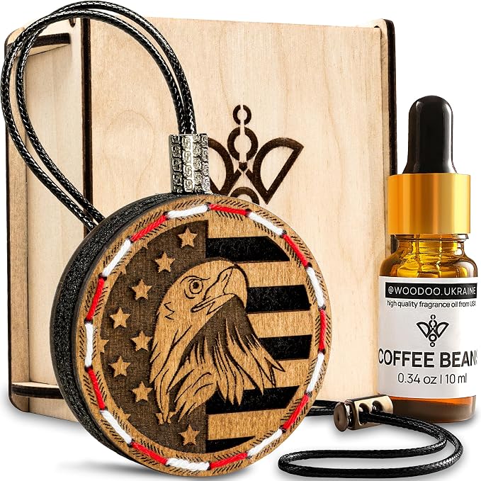 Handmade Wood Car Air Freshener — American Flag Designed Refillable Essential Oil Diffuser — Long Lasting Coffee Beans Fragrance Oil 10 ml — Car Accessories Gift Box