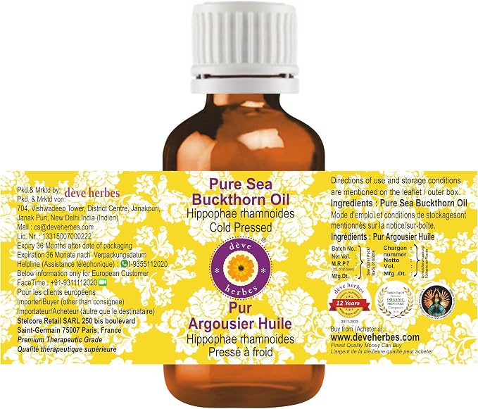 Deve Herbes Sea Buckthorn Oil (Hippophae rhamnoides) | Cold Pressed | Pure | Natural | Undiluted | For Diluting Essential oils | For Skin & Massage | Non-Sticky| Lightweight| Unisex | 15ml (0.50 oz)
