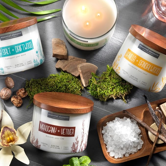 Essential Elements by Candle-lite Scented Candles, Baja Cactus & Kelp Fragrance, One 14.75 oz. Three-Wick Aromatherapy Candle with 45 Hours of Burn Time, Off-White Color