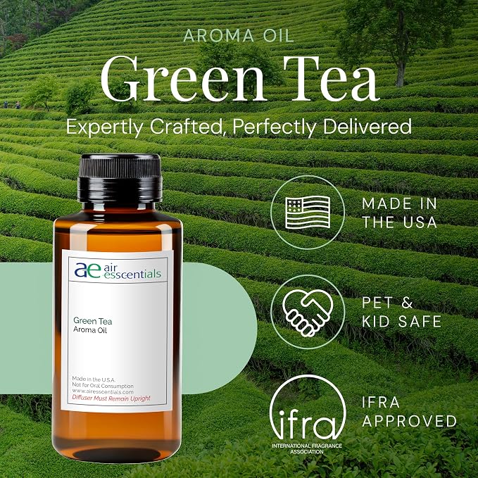 Green Tea Aroma Oil, Essential Oils Blend for Diffusers & Scent Machines, Citrus, Delicate Florals, Warm Tea, Aromatherapy, Cold Air Diffuser Compatible, 300 mL