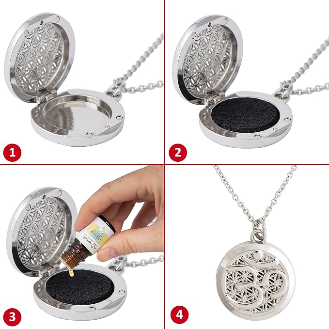 Wild Essentials Aum OM Essential Oil Diffuser Necklace, Stainless Steel Locket Pendant with 24 inch Chain, 12 Color Refill Pads, Customizable Color Changing Perfume Jewelry for Aromatherapy