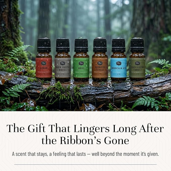 P&J Trading - Woodland Set of Scented Oils - Cedar, Warm Rustic Woods, Moss, Redwood Forest, Mountain Air, Evergreen Forest Fragrance Oils for Candle Making, Soap Making, Diffuser Oils