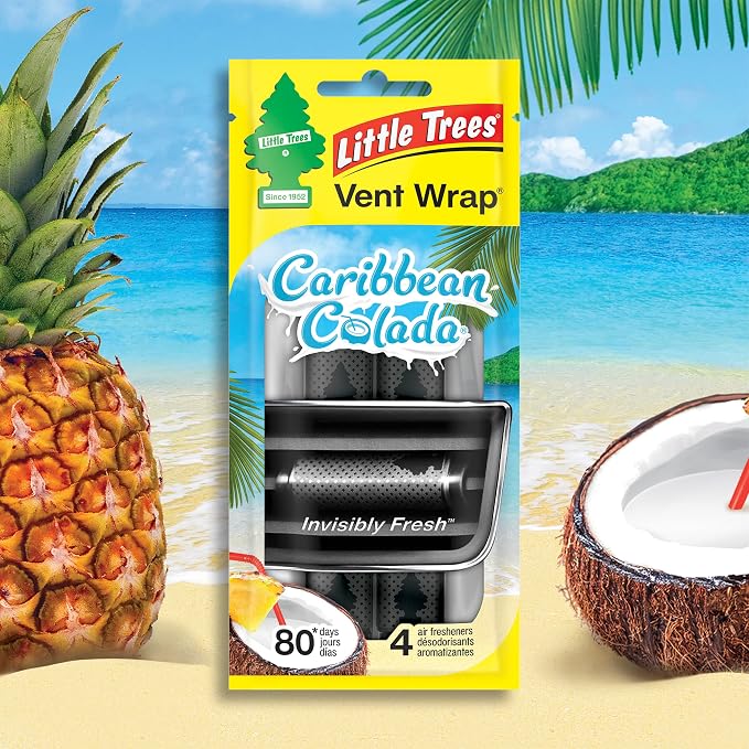 LITTLE TREES Car Air Freshener | Vent Wrap Provides Long Lasting Scent, Invisibly Fresh | Caribbean Colada, 16 Air Fresheners
