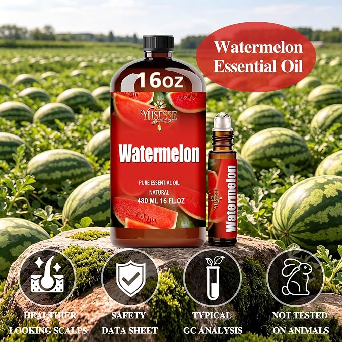 Watermelon Essential Oil, Watermelon Oil 16 Fl Oz 480ml for Diffuser Yoga Soap & Candle Making – with 0.33 Oz Roller Ball & Funnel YHSESSE Essential Oils