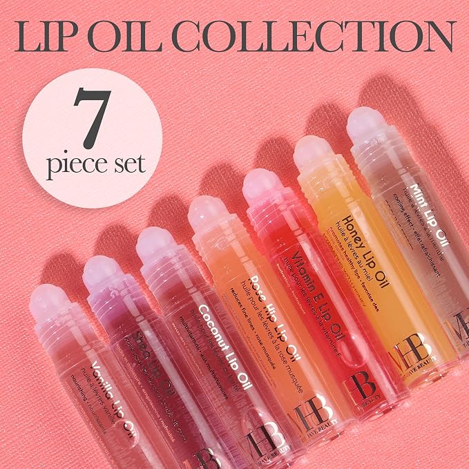 EXPRESSIONS 7pc Lip Oil Collection - Nourishing High Shine Lip Glow with Essential Oils, Hydrating Roll On Lip Oils Infused w/Essential Oils - Rollerball Lip Oils, Vitamin Enriched Lip Oil Set