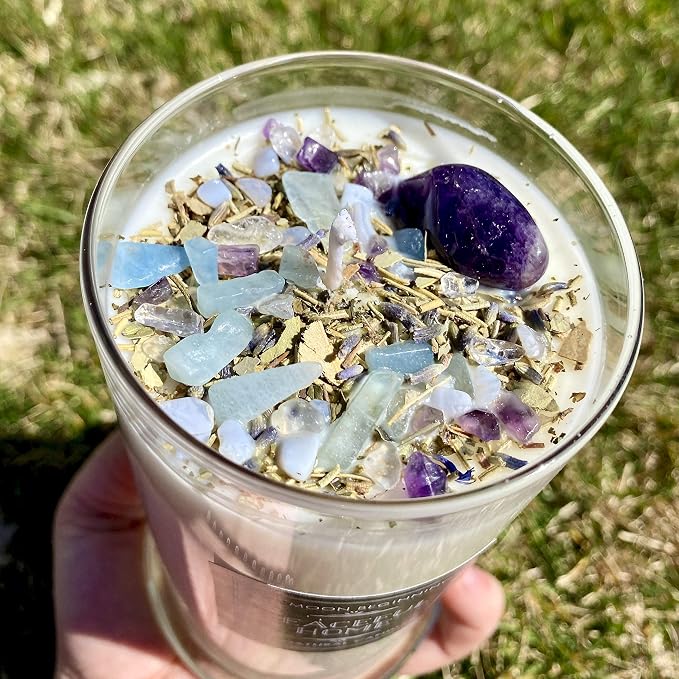 Peaceful Home® Candle by New Moon Beginnings - Stress Relief Candle - Energy clearing - All Natural Essential Oil Soy Candle - Crystal Candles (Peaceful Home, 21oz Glass Jar)
