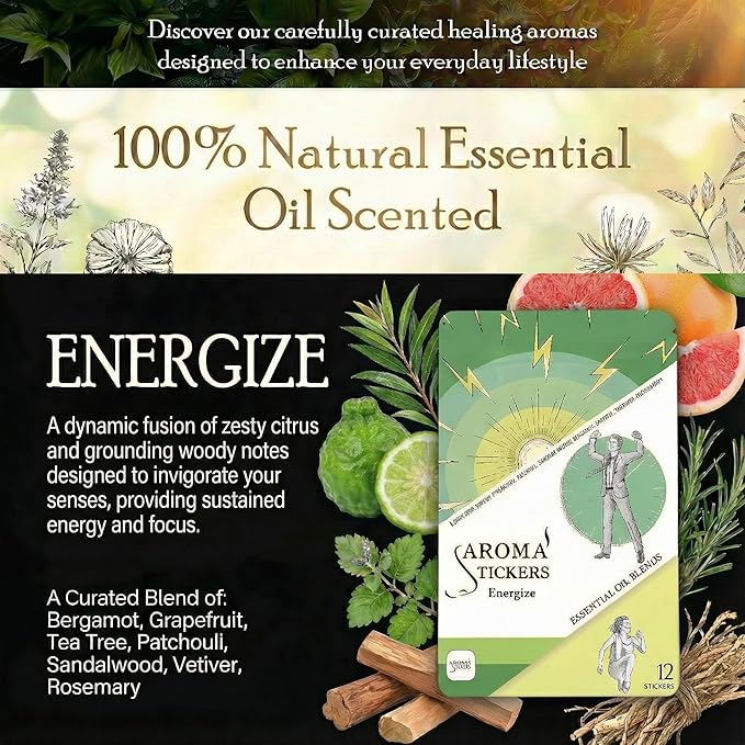 AROMA STICKERS® Original Blend ENERGIZE - 100% Natural Essential Oil Scented Diffuser Sticker - Aromatherapy for Personal Space - Towels, Blankets, Face Mask & Pillow (Pack of 3, 36 Stickers Total)