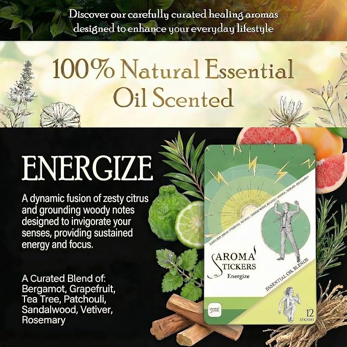 AROMA STICKERS® Original Blend Energize - 100% Natural Essential Oil Scented - Diffuser Sticker - Aromatherapy Stickers for Personal Space - Towels, Face Mask & Pillow - (Pack of 1, 12 Stickers)