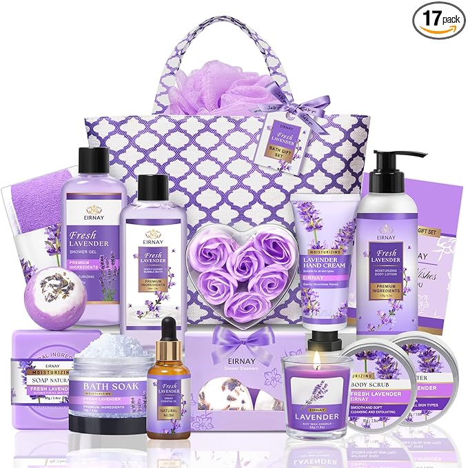 Gift for Women, Spa Gift Baskets for Women - 17pcs Lavender Sets with Body Lotion, Bubble Bath, Relaxing Bath Sets, Birthday Christmas Gifts for Her, Spa Kit for Mom Wife Sister Friend