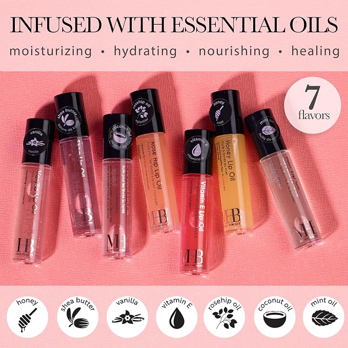 EXPRESSIONS 7pc Lip Oil Collection - Nourishing High Shine Lip Glow with Essential Oils, Hydrating Roll On Lip Oils Infused w/Essential Oils - Rollerball Lip Oils, Vitamin Enriched Lip Oil Set