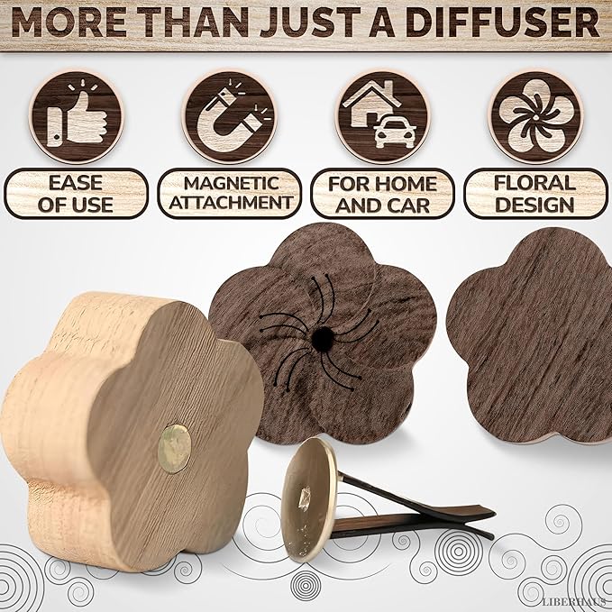 2 Pcs Car Essential Oil Diffuser Vent Clip – Reusable Oil-Absorbing Wooden Flower for Custom Scent, Essential Oil Diffuser for Car with Magnetic Hold – Vintage Air Freshener for Refreshing Your Space