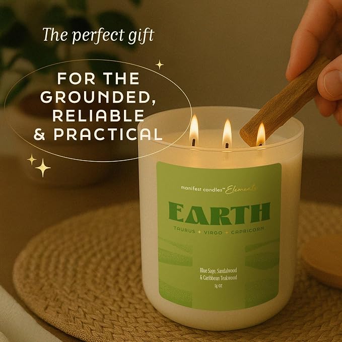 Large 14.5oz 3 Wick Zodiac Earth Taurus Virgo Capricorn Zodiac Gifts for Women - 60 Hour Burn - Astrology Gifts for Women, Healing Manifestation Spiritual Candles, Intention Meditation Candle