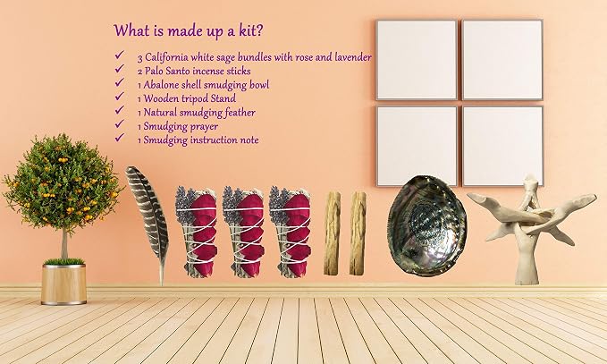 Tomoko White Sage Smudge Kit - 3 White Sage with Rose and Lavender, 2 Palo Santo, Abalone Shell, Wooden Tripod Stand & Feather! Healing, Purifying, Meditating, Incense & Cleansing