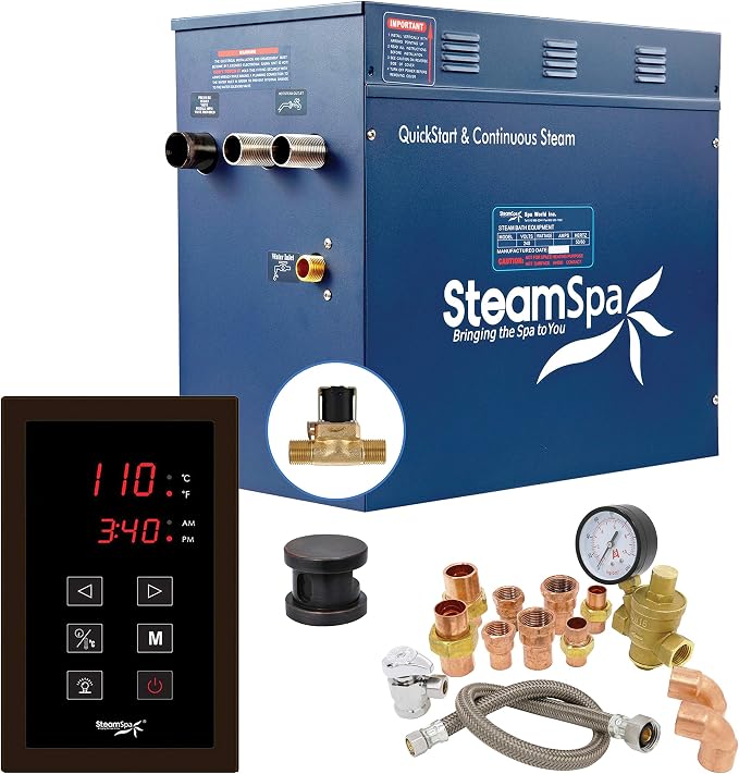 12kW Steam Sauna Generator Premium Bundle 240V Steam Generator with Touch Pad Control, Steamheads, Pressure Relief Valve, Built-in Auto Drain and Plumber Quick Install Kit PRT1200OB-A