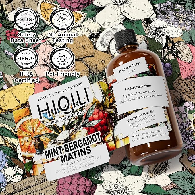HIQILI Mint Bergamot Matins Fragrance Oil for Diffuser, Candle & Soap, Hand Wash & Air Fresheners Making- Floral Notes, Long-Lasting- 5.07 fl oz