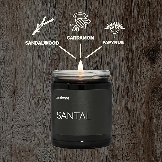 Premium Soy Wax Candle | Highly Scented Black Glass Jar Candles | Long Lasting, Clean Burn | 8 oz | Gifts for Man and Woman | Made in USA (Santal)