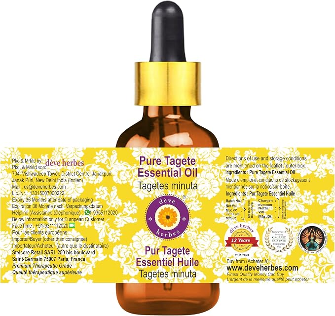 Deve Herbes Pure Tagete Essential Oil (Tagetes minuta) with Glass Dropper Steam Distilled (Pack of Two) 100ml X 2 (6.76 oz)