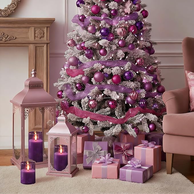Homemory Purple Glass Flameless Candles, Battery Operated LED Pillar Candles with Remote Control and Timer, Radiance Candles, Real Wax, Set of 3,D3 xH4 5" 6"
