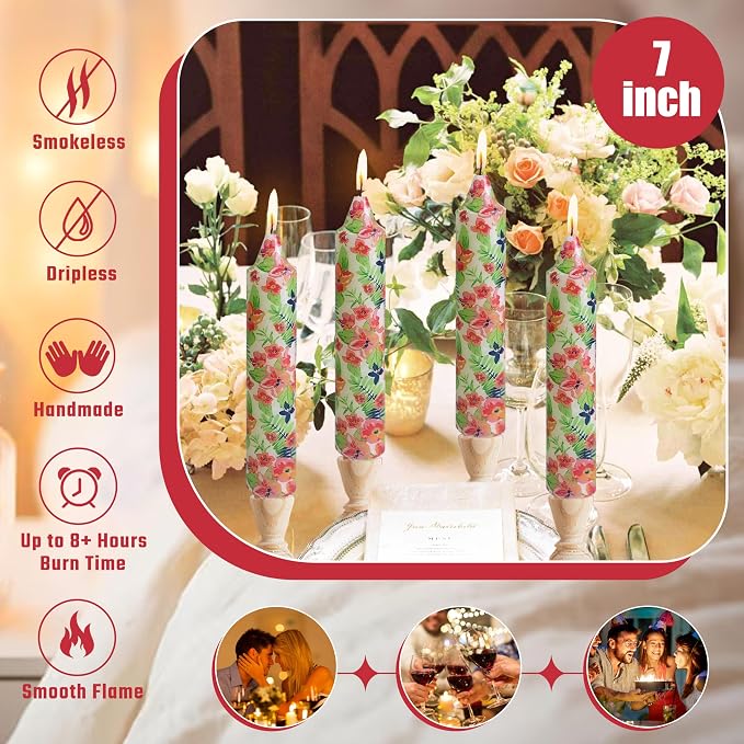 7 inch Short Candle Floral Candle Sticks Printed Candlestick Handmade Unscented Taper Candle 4 Pack Flower Tapered Candles for Home Dinner Wedding Holiday