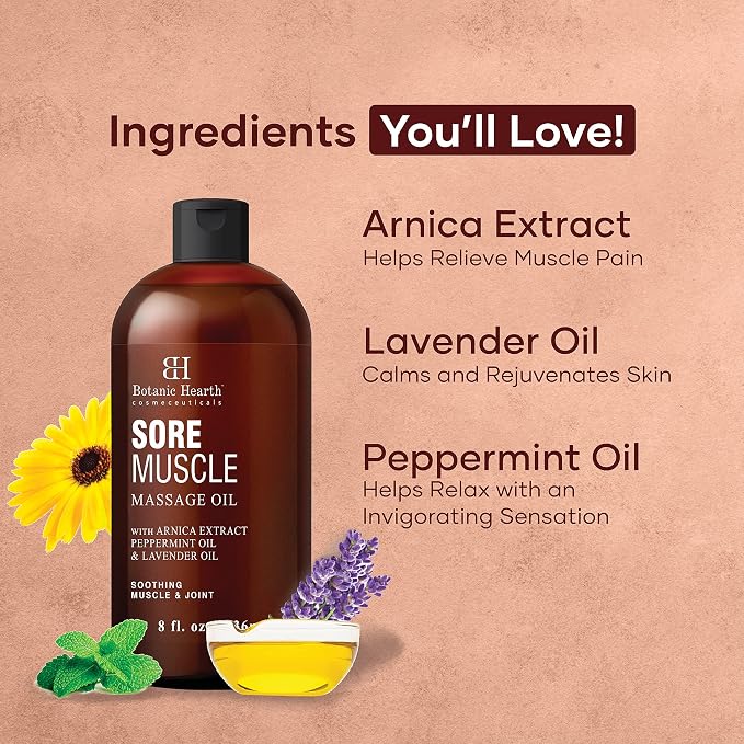 Botanic Hearth Soremuscle Massage Oil 8 Fl Oz (2 pack)| Refreshing, Relaxing Massage Oils for Muscle Relaxing & Joint Comfort | Made with Natural Oils | for All Skin Types, for Men & Women