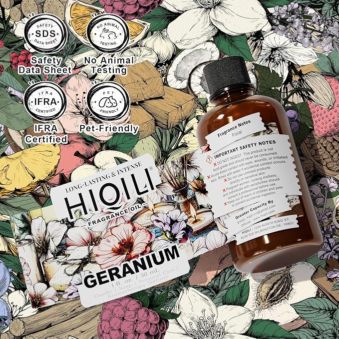 HIQILI Geranium Fragrance Oil for Home Diffuser, Relaxation, Essential Oil for Candle & Soap Making, Long-Lasting Scents, Car Freshies - 1 Fl Oz