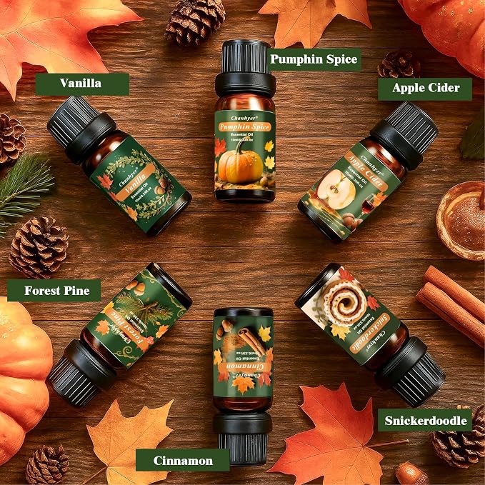 Fall Essential Oils Set 6x10ml-Pumpkin Spice,Apple Cider,Snickerdoodle,Vanilla,Cinnamon,Pine,Autumn Fragrance Oils for Diffuser,Home Scenting and Seasonal Gifts