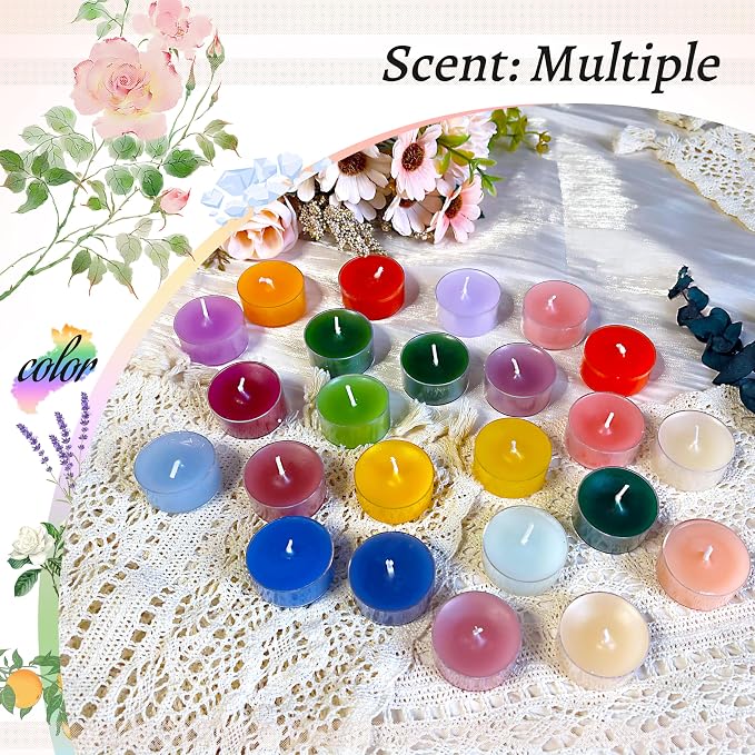 24 Color 6 Scented Tealight Candles, Colorful Scent Tea Lights Candles Clear Cup, 24 Pack Colored Tealights Candle, 6 Hour Burn Time Tea Candles for Party, Decor, Spa, Shabbat