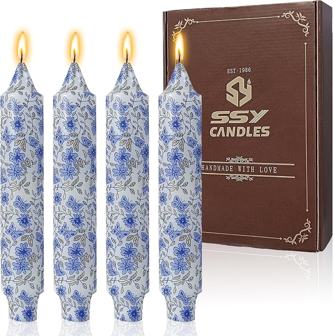 Short Blue and White Taper Candles 7 Inch Handmade Floral Candle Sticks Smokeless Unscented Clean Burning Candles for Meditation Sailing Housewarming Gift Wedding Birthday Home Dinner