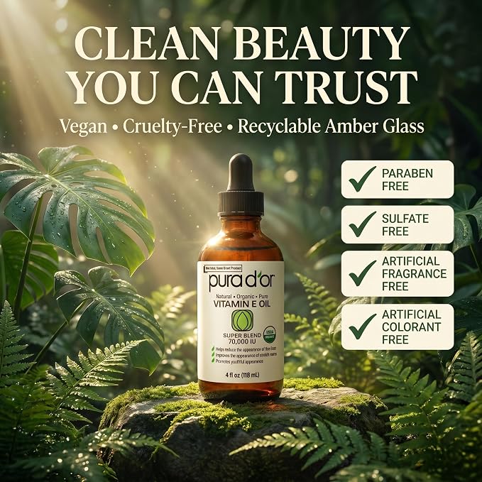 PURA D'OR 4 Oz Organic Vitamin E Oil 70,000 IU, USDA Certified Ayurvedic Skin Care, Face, Body w/Argan, Jojoba, Rosehip, Apricot, Almond & Avocado, Lightweight Moisturizer for Soft, Smooth Skin