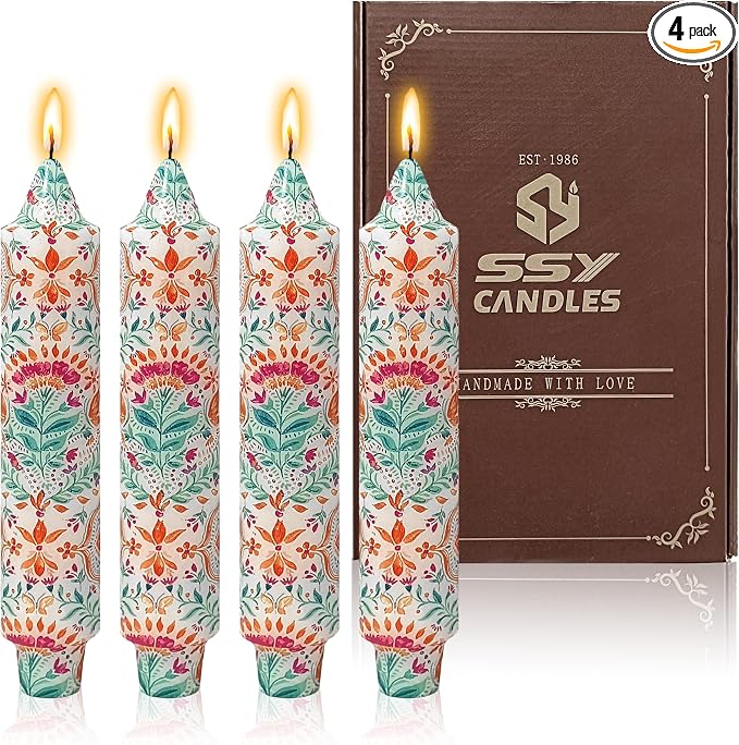 7 inch Short Candle Floral Candle Sticks Printed Candlestick Handmade Unscented Taper Candle 4 Pack Vintage Flower Tapered Candles for Home Dinner Wedding Holiday