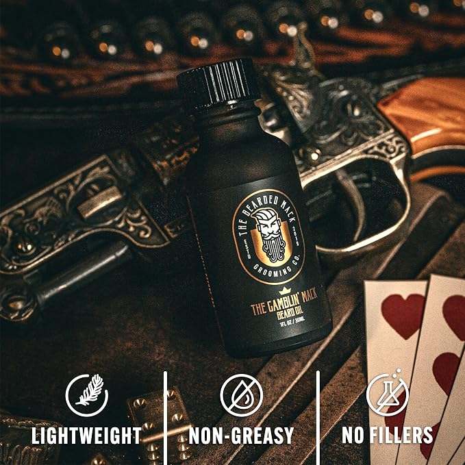 The Bearded Mack Grooming Co Beard Oil - Gamblin' Mack - Oud, Leather & Frankincense - Hydrates and Soothes, Handcrafted in USA, 1 Fl Oz