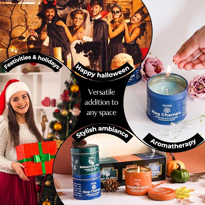 Balsam Fir Pine, Pumpkin Spice, Nag Champa - Soy Candles Non Toxic - Highly Scented Long Lasting with Essential Oils - Variety Pack of 3 x 5oz - for Home Aromatherapy Meditation Gift Travel
