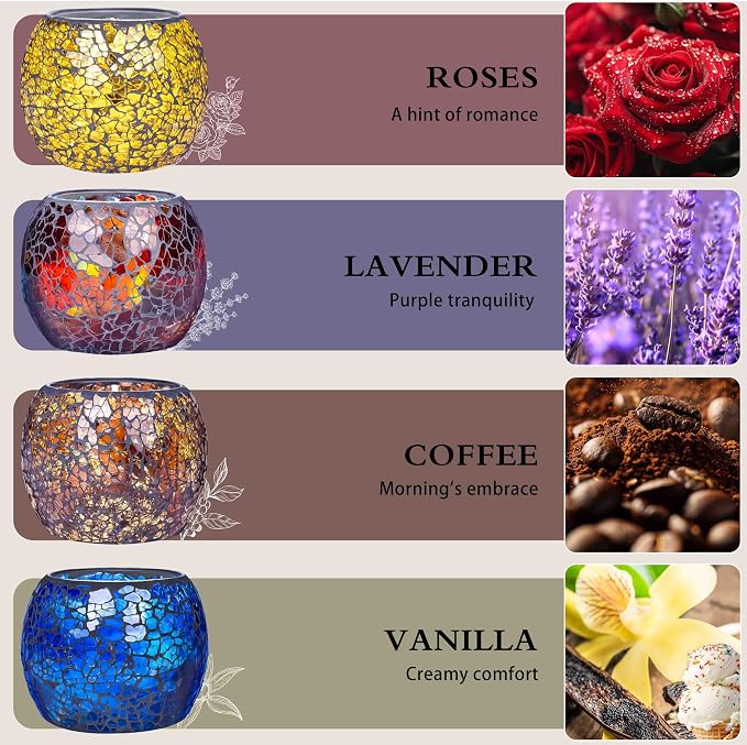 Mosaic Glass Scented Candles, Stress Relief Aromatherapy Candle for Home Scented, Vanilla Lavender Rose Coffee Soy Candles Gift Set for Women Birthday Friendship Relaxing Massage Yoga Bath SPA, 4 Pack