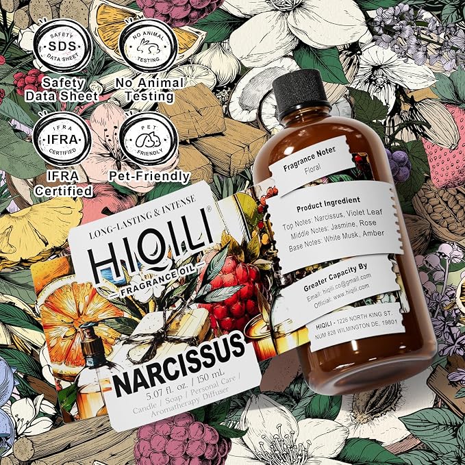 HIQILI Narcissus Fragrance Oil for Diffuser & DIY, Highly Concentrated Scented Oil for Candle Making, Soap, Perfume, Fresh Floral Aroma - 5.07 Fl Oz