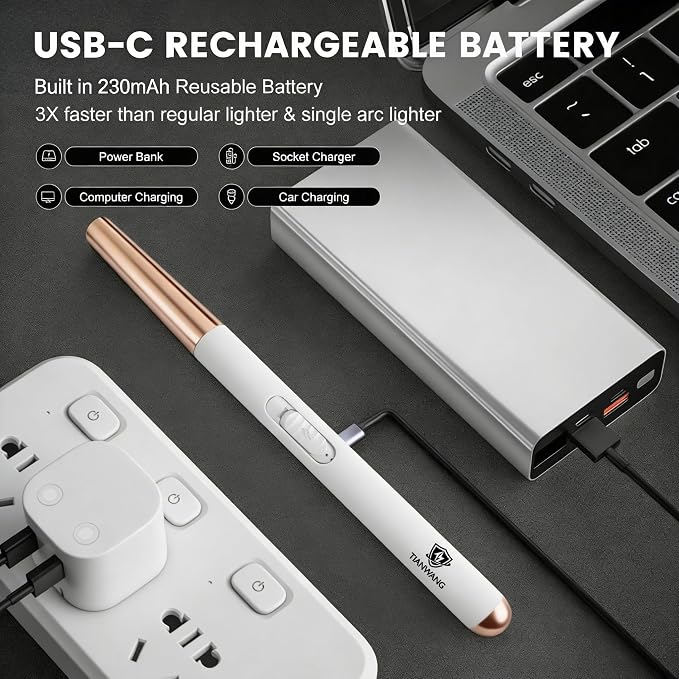 Electric Candle Lighter USB Rechargeable with Safety Lock & LED Display, Windproof Flameless Arc Lighter for BBQ, Camping, Kitchen, Gifts for Women Men(White)