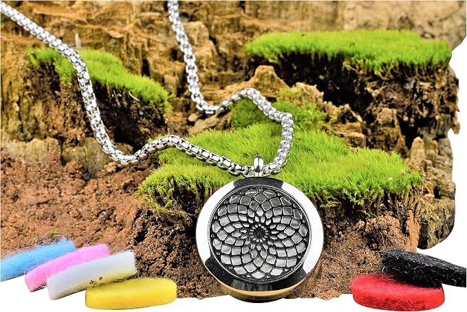 Wild Essentials Sun Mandala Essential Oil Diffuser Necklace, Stainless Steel Locket Pendant with 24 inch Chain, 12 Color Refill Pads, Customizable Color Changing Perfume Jewelry for Aromatherapy