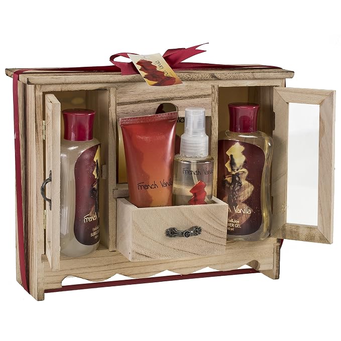 Bath and Body Gift Basket French Vanilla for Women and Men | Shower Gel, Bubble Bath, Body Lotion, Gift Curio