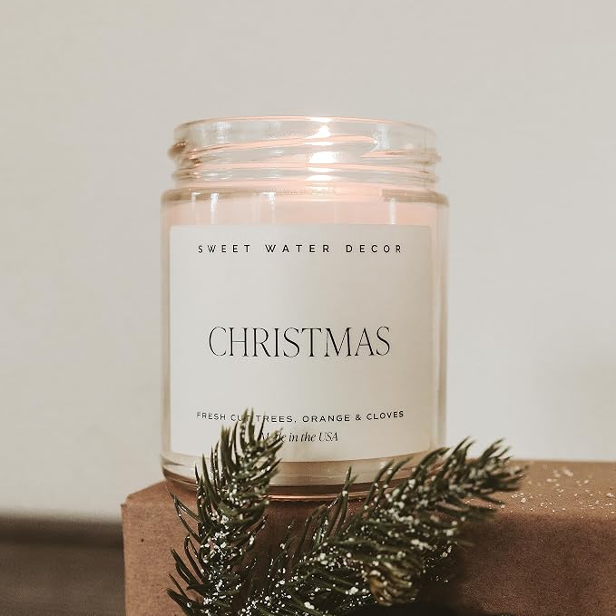 Sweet Water Decor Christmas Candle | Cinnamon, Trees, Orange, and Clove Scents | Christmas Candles and Decor for Home | 9oz. Clear Jar Soy Candle, Made in The USA
